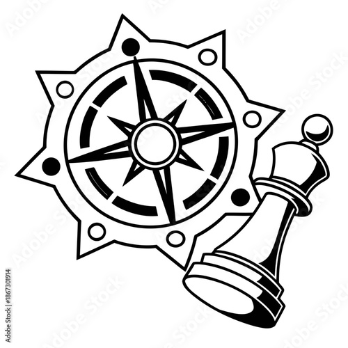 A vector graphic illustration of a compass and chess piece