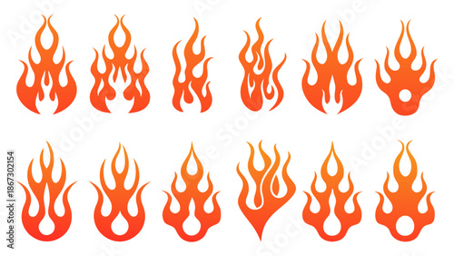 Set of orange fire flames in a variety of tribal tattoo shapes isolated on a transparent background