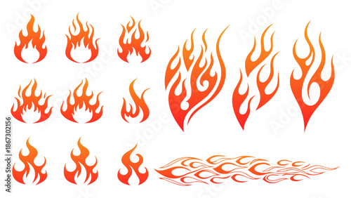 Set of isolated abstract fire flames, blazing wildfire elements collection, decorative tattoo style fiery elements, various shapes
