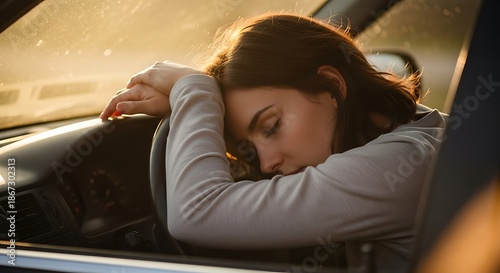 Tired Woman Sleeping in Car.