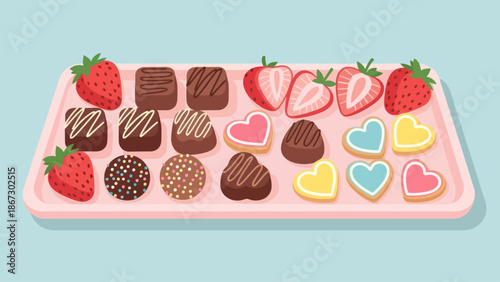 Illustrated Valentine's Day chocolates, strawberries, and heart cookies on a tray.