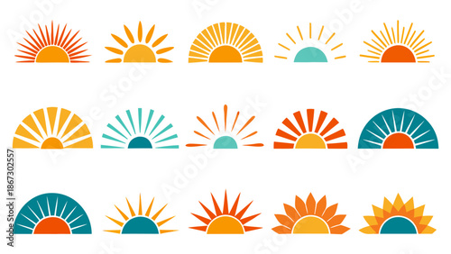 Set of colorful sunrises and sunsets isolated on transparent background a vector illustration of half sun shapes