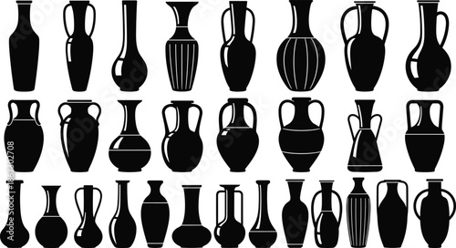 Collection of black antique vase silhouettes, ancient Greek pottery, ceramic jugs and jars isolated on white background, archaeological vessels vector illustration, set