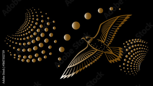 Golden flying eagle vector illustration with dot spirals and circles isolated on black background for logo design and print