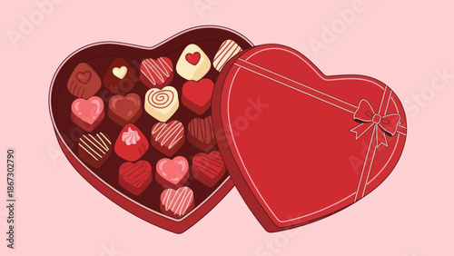Illustration of an open heart shaped box filled with assorted chocolates for Valentine's Day.