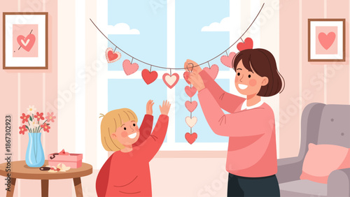 Mother and daughter decorating the room with a heart garland for Valentine's Day