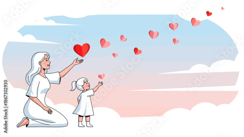 Mother and child sharing a moment of love with floating hearts in a peaceful sky.