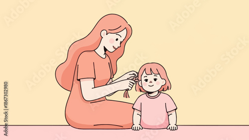 Mother braiding daughter's hair in a caring family moment illustration