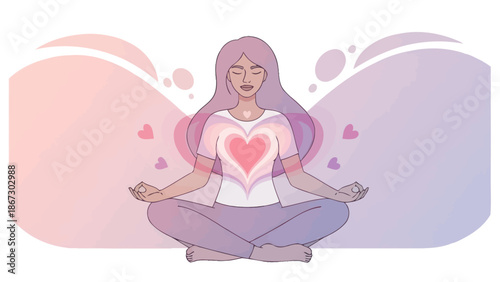 Woman meditating with a heart chakra symbol on her chest