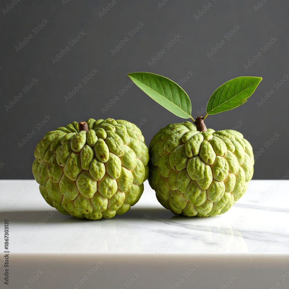 Fototapeta premium Two sugar-apples sit on a white surface with a dark grey backdrop. One has two green leaves. Close-up photo with natural lighting