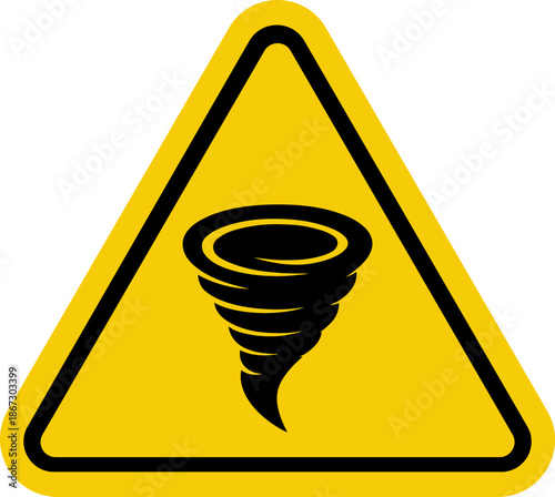 Tornado warning sign a black swirling vortex icon inside a yellow triangle representing severe weather alert