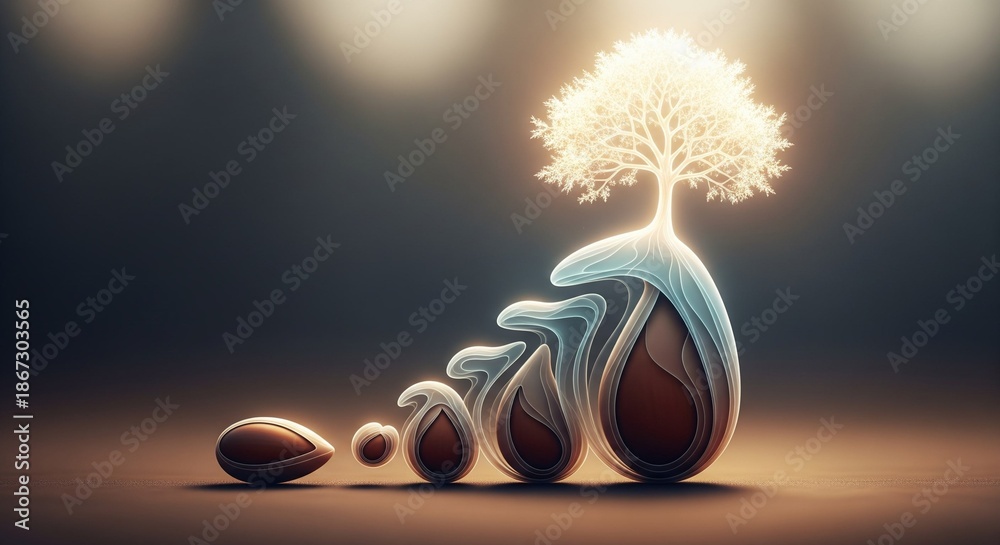 Fototapeta premium Abstract seed evolving into a glowing tree with soft gradients, symbolizing long-term growth, patience, success, and sustainable progress.