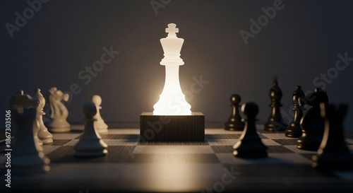 Glowing king chess piece elevated above blurred pieces on a dark board, symbolizing leadership, strategy, and best candidate selection.