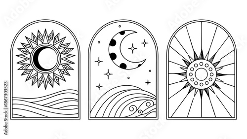 Set of three bohemian celestial arch designs with sun moon stars and waves in elegant outline style