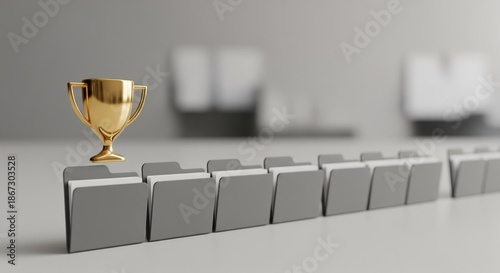 Single trophy icon rising from identical folders, symbolizing merit based selection, achievement, and best candidate recognition in HR recruitment.