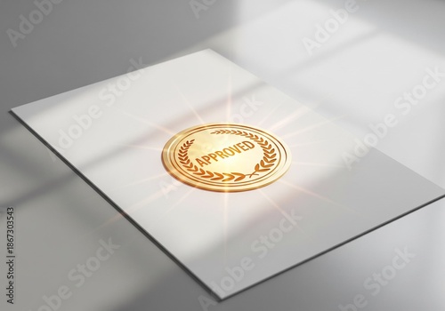 Glowing seal of approval on a clean document symbolizing trust, qualification, and best candidate validation in a professional business setting.