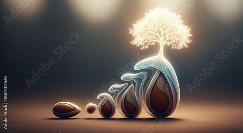 Abstract seed evolving into a glowing tree with soft gradients, symbolizing long-term growth, patience, success, and sustainable progress.