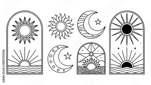 Diverse collection of bohemian celestial elements featuring suns moons stars and arched windows with waves