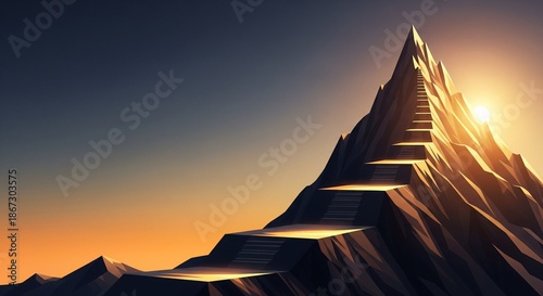 Sunlit mountain peak with layered paths rising upward, symbolizing ambition, perseverance, leadership, and success in a clean cinematic landscape.