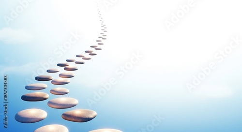 Stepping stone pathway floating upward into a bright sky, symbolizing progress, growth, milestones, and success with clean space for messaging.