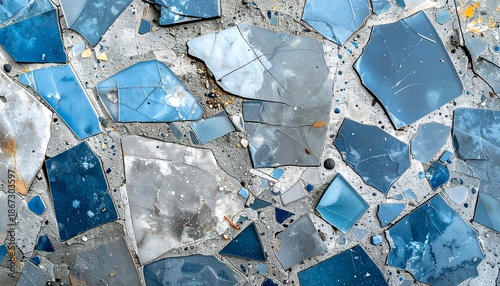 Abstract mosaic of blue and gray glass pieces in concrete.