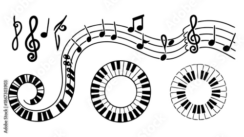 Set of black music elements combining musical notes with piano keyboard keys in spiral, wavy, and circular arrangements