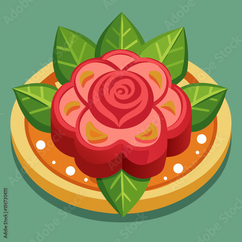 Vibrant sushi rose on plate with green leaves