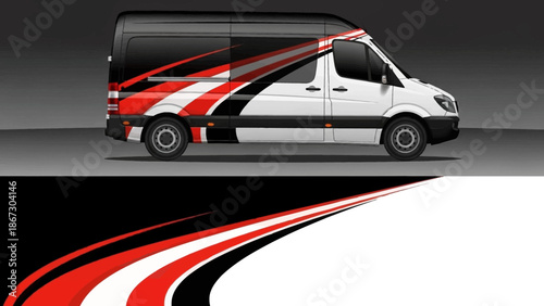Stylized white van with red and black racing graphics on dark background.