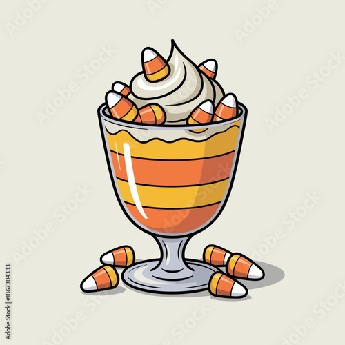Striped candy corn parfait vector illustration with candy garnish – Ideal for seasonal restaurant specials, baking ingredient advertising, or party food ideas.