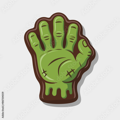 Green glossy zombie hand chocolate – Detailed Halloween candy vector for seasonal food and horror-themed graphics.