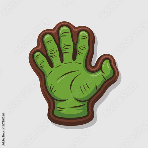 Green coated zombie hand chocolate vector – Detailed Halloween candy illustration for festive treat packaging.