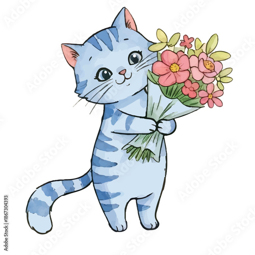A cute black cartoon cat holding flowers with a happy and playful look