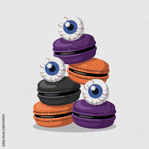 Clean vector of Halloween macaron stack with candy eyeballs – Suitable for app icons, seasonal website banners, or culinary themed content.