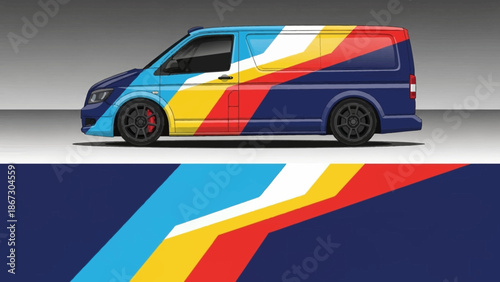 Colorful diagonal striped van with bold racing livery on road.