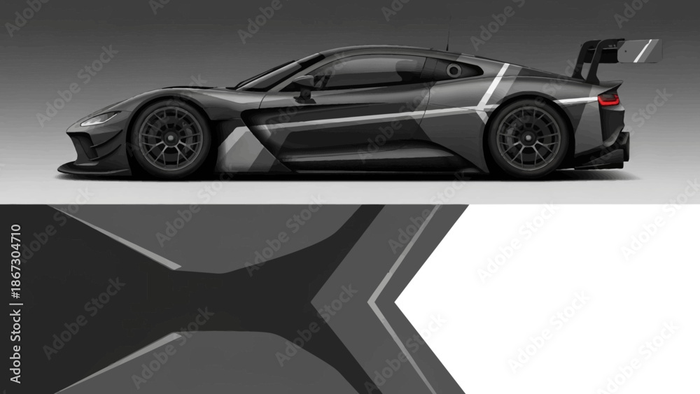Fototapeta premium Sleek black hypercar with aerodynamic design and rear wing on gray studio backdrop.