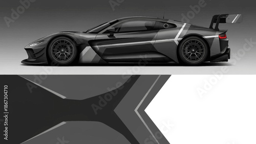 Sleek black hypercar with aerodynamic design and rear wing on gray studio backdrop.