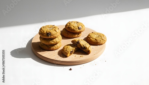 top view of delicious sweet classic cookies on wooden plate isolated on white background