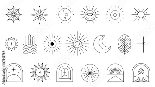 Minimalist celestial and boho design elements sun, moon, stars, abstract landscapes, and geometric shapes in thin line style on transparent background