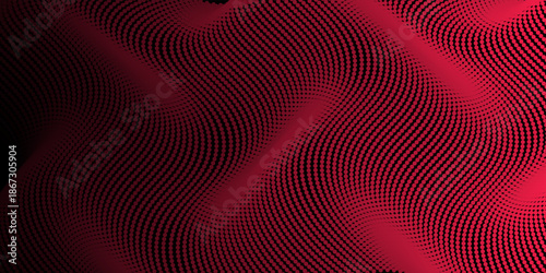 water wave shape on black background, Flowing dot particle light wave pattern,red and black gradient halftone. Vector in technology, science, music, modern art.