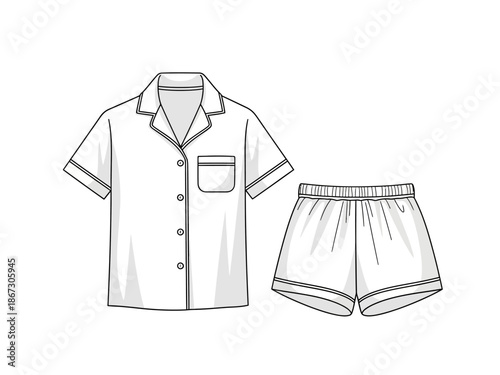 Black and white line drawing of shortsleeved pajama set including a buttonup shirt and pullon shorts