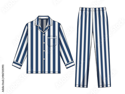 Blue and white striped longsleeve pajama set technical flat sketch