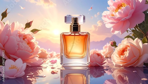 Perfume bottle centerpiece amidst flowers, illuminated by golden light