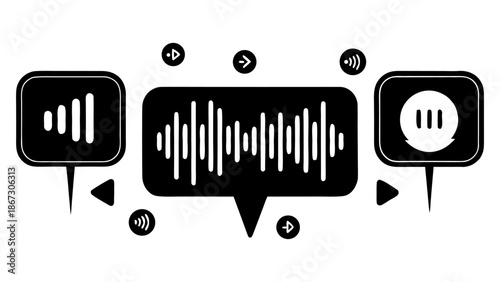 Set of black voice message icons on transparent background for web design mobile app dark mode speech bubble with sound wave