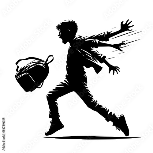 Black and White Vector Angry Boy Throwing Backpack