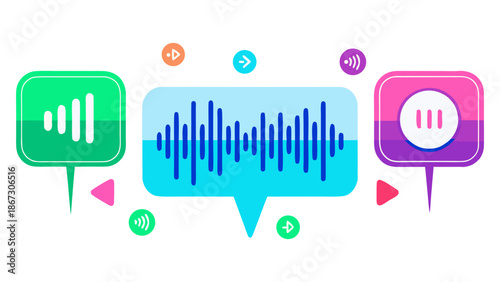 Voice message conversation with colorful audio waves and speech bubbles, modern flat design for podcast or sound communication