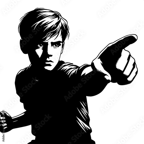 Black and White Vector Angry Boy Pointing Aggressively