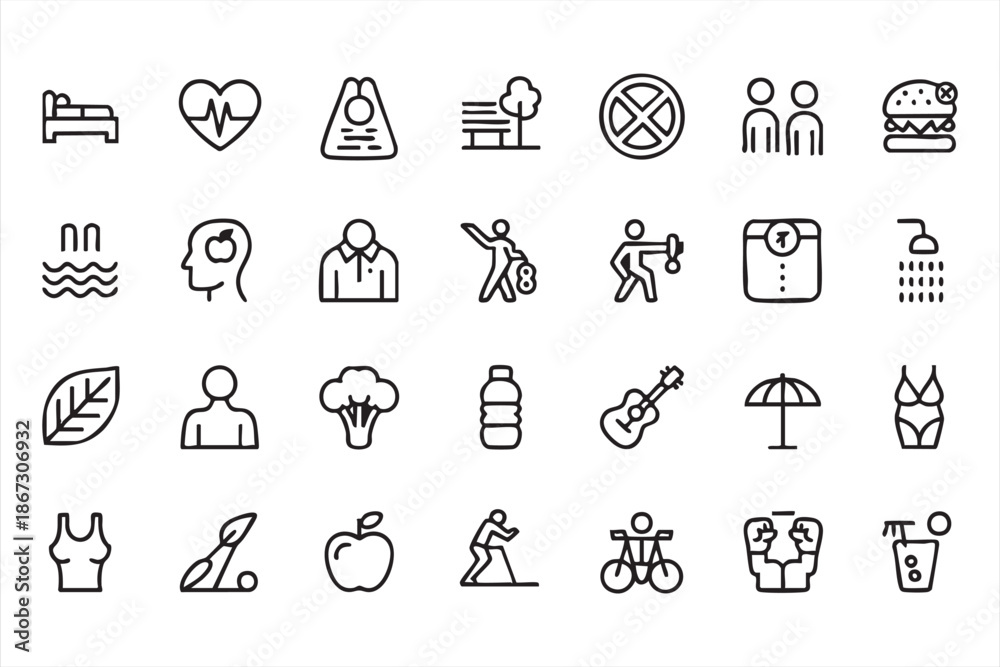 Fototapeta premium Lifestyle Wellness Symbols for Habit Tracking, Nutrition and Self Care Platforms