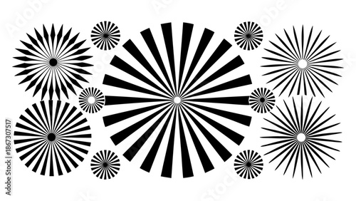 Set of sunburst or fireworks design elements in various shapes and sizes, graphic explosion radial lines for festive decorations vector illustration. 