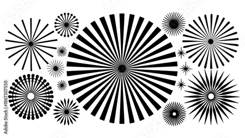 Set of sunburst or starburst design elements in various shapes and sizes, graphic explosion radial lines for festive decorations.