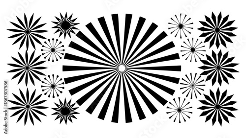 Set of decorative sunburst or floral design elements in various shapes and sizes, graphic explosion, radial lines for festive decorations, vector illustration. 